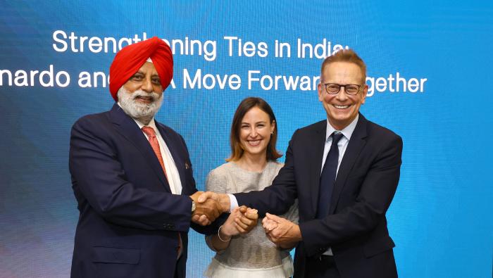 Universal Vulkaan Aviation directors Harinder Commar and Aylin Yildiz with Christian Gras from Leonardo Helicopters