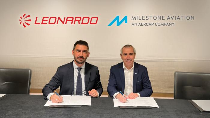 Francesco Bellardi, Leonardo v-p customer support and services, and Kieran Hannan, Milestone Aviation head of fleet and technical operations