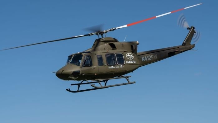 Military scheme Subaru Bell 412EXP flying