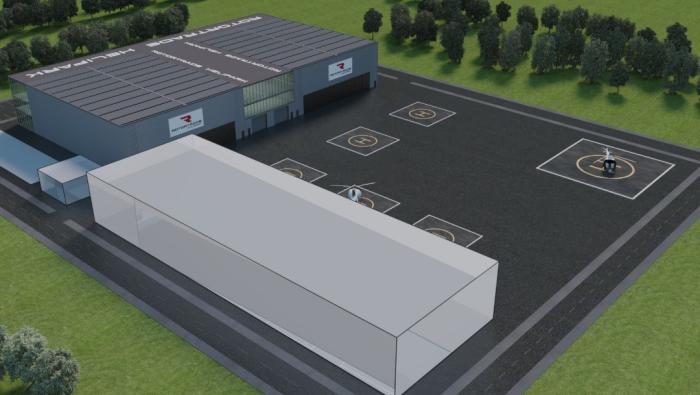 Rendering of helicopter centre with outside landing pads 