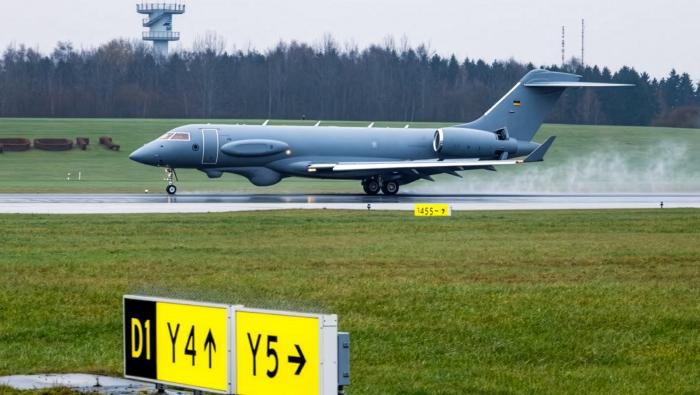 The modified Bombardier Global 6000 for the PEGASUS airborne SIGINT mission undergoing flight trials ahead of transfer to Germany.