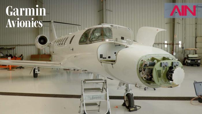 Garmin-equipped Textron Citation CJ business jet with avionics components on display