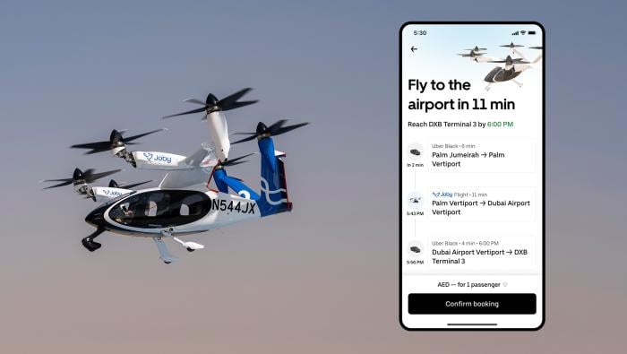 Uber Air powered by Joby app screenshot with JAS4-1 eVTOL aircraft