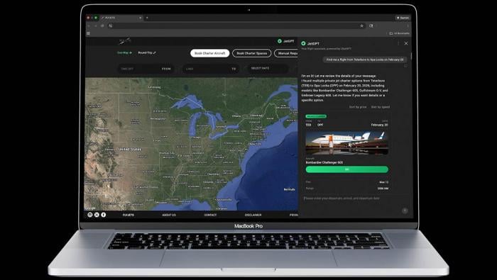 Image of FlyJets' JetGPT™ flight-finding assistant, which the company released in Beta February 2, 2026