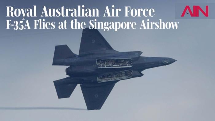 RAAF F-35A flying at Singapore Airshow with weapons bay open
