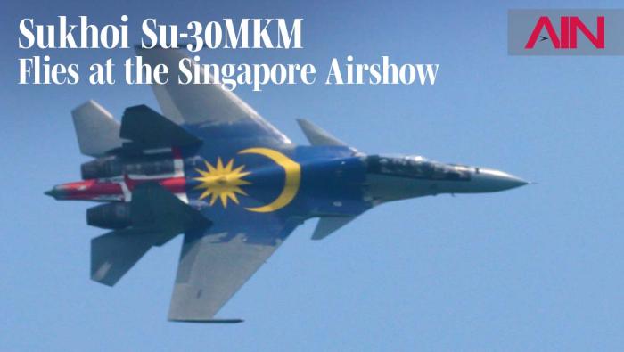 Royal Malaysian Air Force Sukhoi Su-30MKM flying at Singapore Airshow