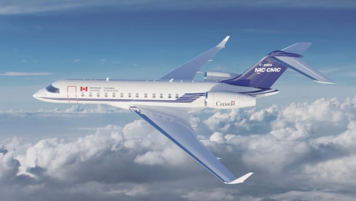 Bombardier Global 6500 in flight with NRC logo 