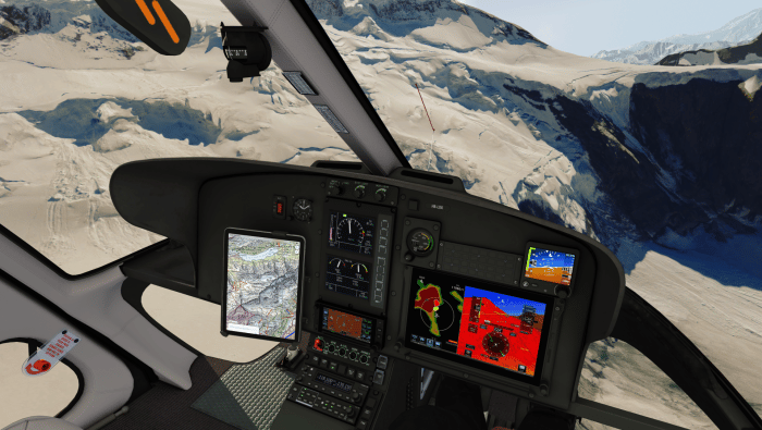 simulator view from a helicopter cockpit in the mountains