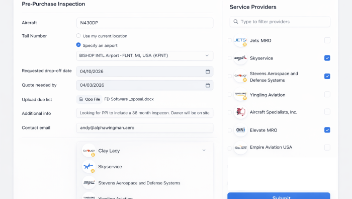 Alpha Wingman pre purchase inspection request form on the IADA website