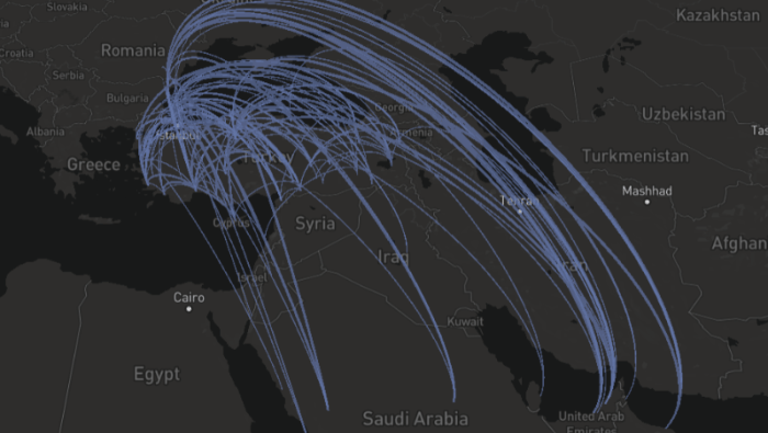 WingX map showing business jet departures to Turkey from the Middle East