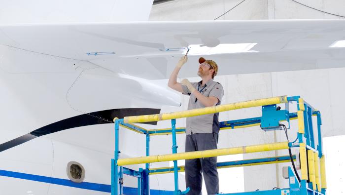 Duncan Aviation technician working on Dassault 8X