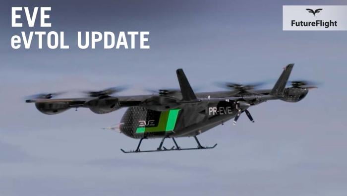 Eve eVTOL prototype hovering in flight