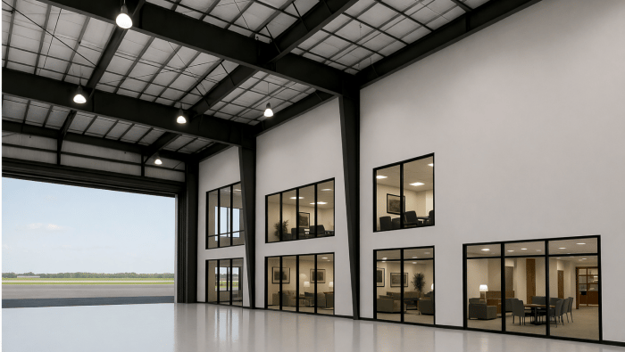 Artist rendering of interior of new FlightLevel Aviation hangar at KBVY