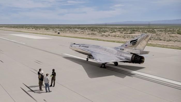 Ground crew prepare the Quarterhorse Mk 2.1 on the runway at Spaceport America ahead of a test flight.