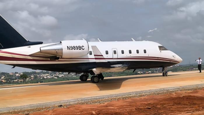 Challenger 601 taking off from road in Nigeria