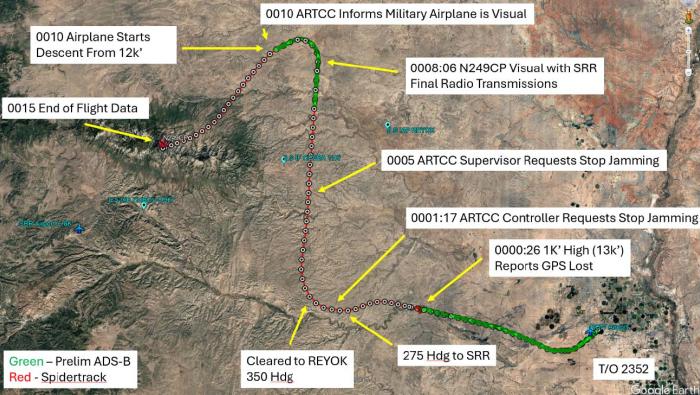 The NTSB’s preliminary flight track reconstruction shows the King Air’s route from Roswell to Ruidoso, the reported GPS outage, ATC requests to halt military GPS jamming, and the aircraft’s final descent before the fatal crash.