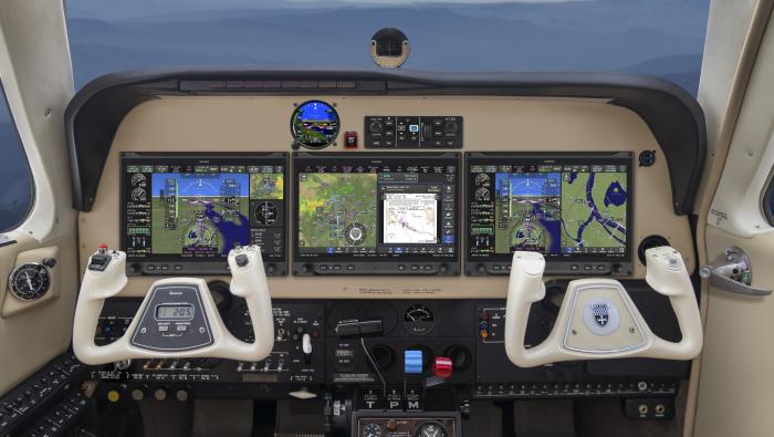 The Garmin Axis flight display integrates GPS, radio, and audio panel in a single display, available for twin- and single-engine aircraft via an AML STC.
