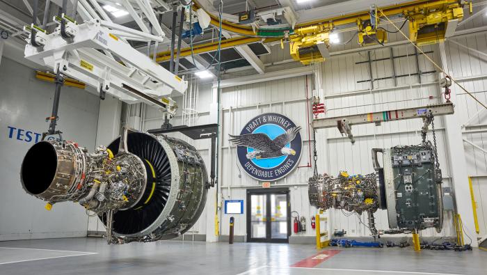 Pratt & Whitney engine on supports in test facility