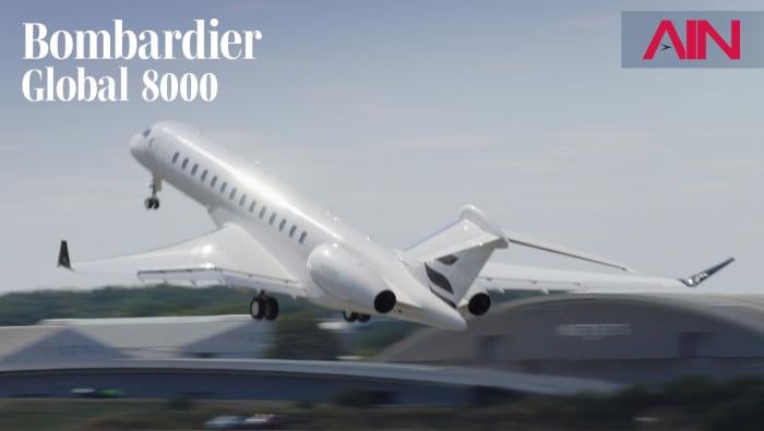 Bombardier Global 8000 taking off at Farnborough International Airshow 2026