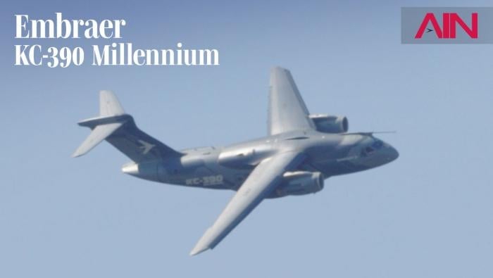 Embraer KC-390 flying at the 2026 Farnborough Airshow