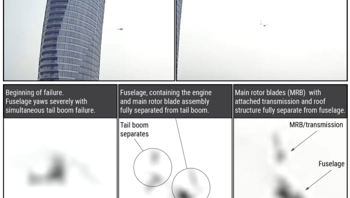 anced surveillance video with sequential images depicting the helicopter’s flight and breakup.