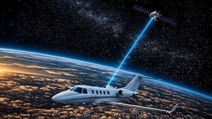 A Citation business jet that appears to be in orbit with a line extending from a satellite to the fuselage