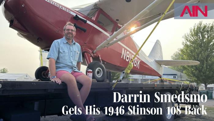 Darrin Smedsmo with his Stinson at Oshkosh 2026