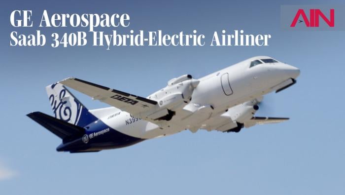 Saab 340B hybrid-electric aircraft flying at Farnborough Airshow 2026