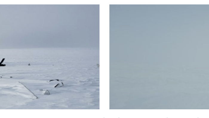 Photos of a accident site in Nunavut in 2021, taken hours apart, showing the snow-covered, featureless terrain; an overcast sky; and flat white conditions.