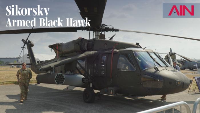 Armed Sikorsky Black Hawk helicopter at Farnborough Airshow 2026
