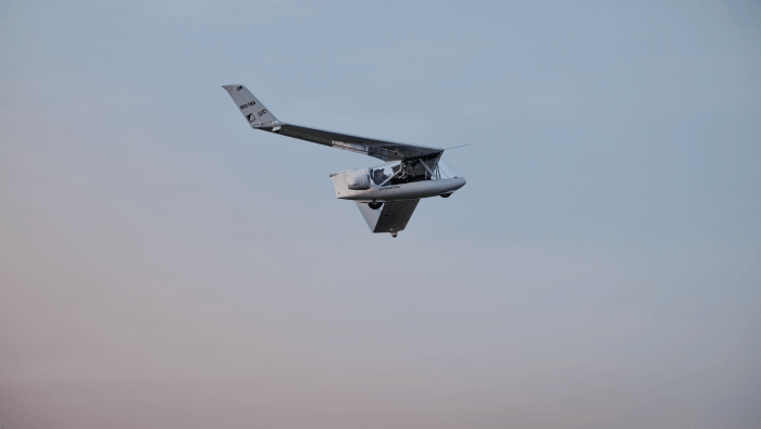 Whisper’s powered glider is pictured in flight 