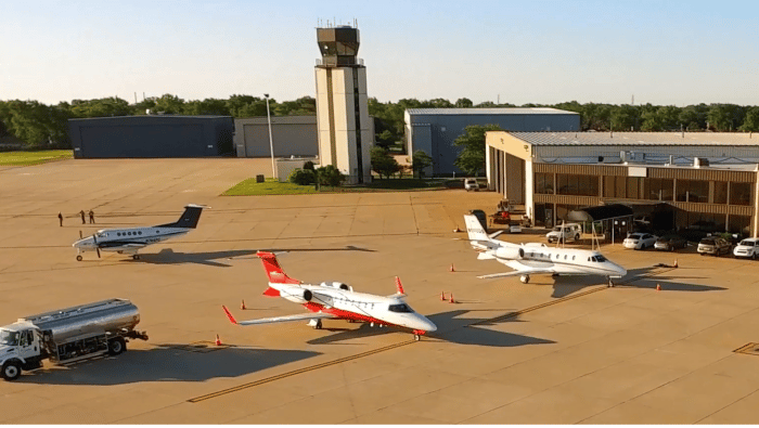 Aerial view of FBO and control tower at Waukegan National Airport