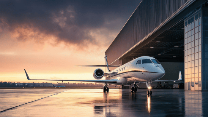 A business jet parked on a ramp at dusk