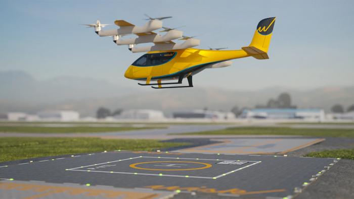 A digital rendering of Wisk’s Gen 6 eVTOL hovering over a vertiport 