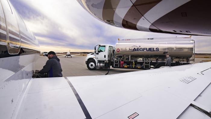 AEG branded fuel truck on ramp