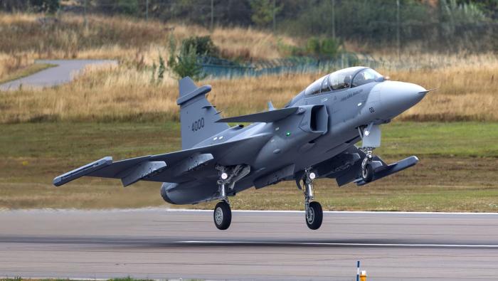 Gripen F taking off from runway 