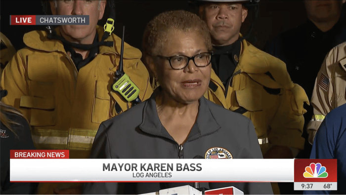 Mayor Karen Bass speaks at a press conference near the scene of the crashes on September 15