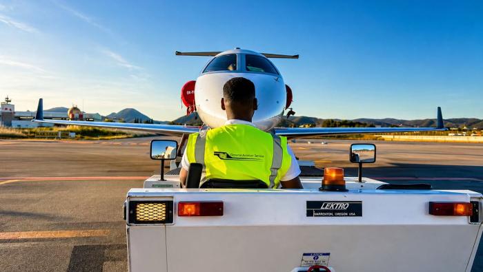 Pushback vehicle prepares to move white business jet on apron