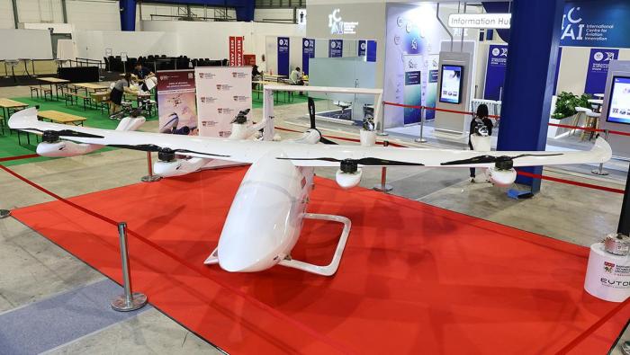White evtol mockup on stand at Singapore airshow 