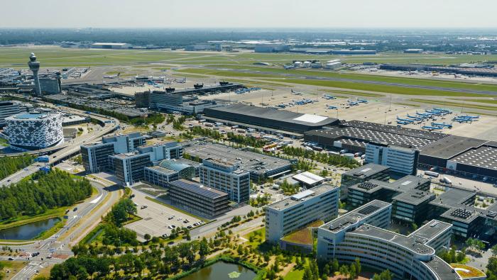 Aerial view of Amsterdam Schiphol airport in daylight 
