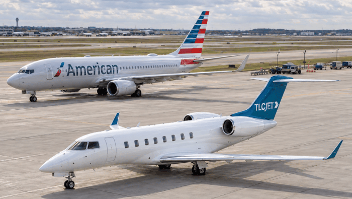 Airliner and business jet on ramp