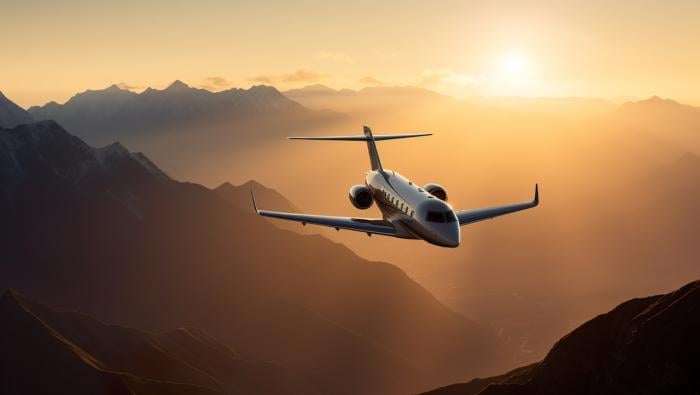 Biz-jet with sunlit mountains behind 