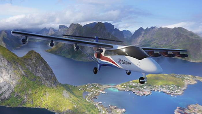 Graphic rendering of Bristow-liveried Electra aircraft over fjord