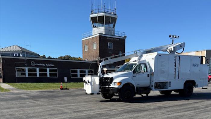 Deicing truck on ramp outside Infinity Aviation Nashua