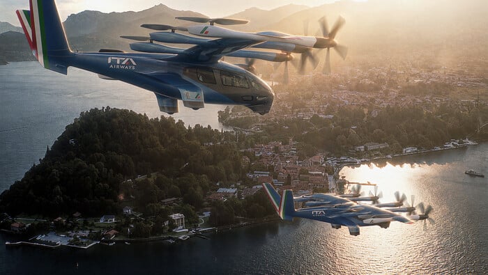 An artist’s rendering shows two Archer Midnight eVTOL aircraft in ITA Airways livery.