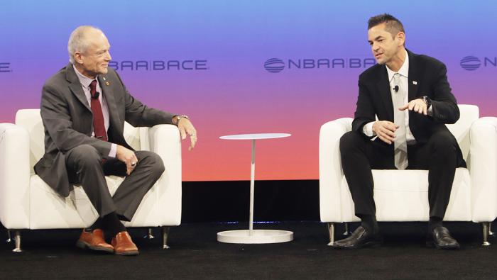 Former NASA astronaut Charlie Precourt (left) and NASA administrator Jared Isaacman