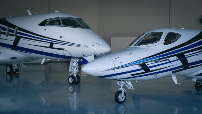 Challenger 3500 and HondaJet in Thrive Aviation livery