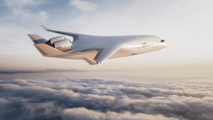 A digital rendering of the JetZero Z4 demonstrator in flight