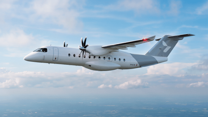 A digital rendering of Heart’s ES-36 airplane in flight