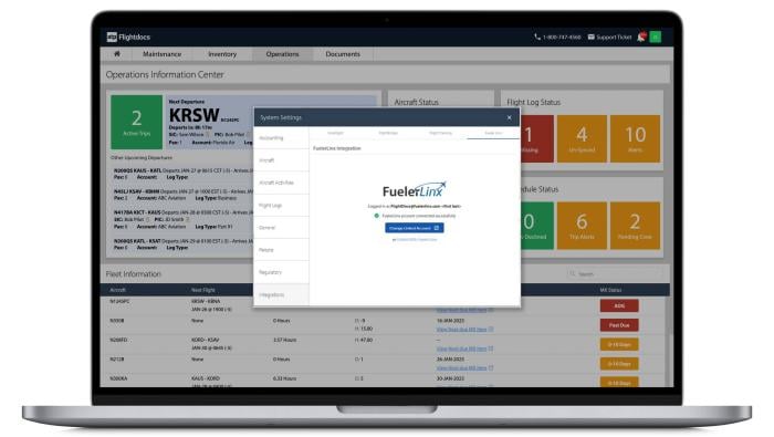  Flightdocs Operations platform with Fuelerlinx's fuel purchasing and consumption planning product displayed on MacBook